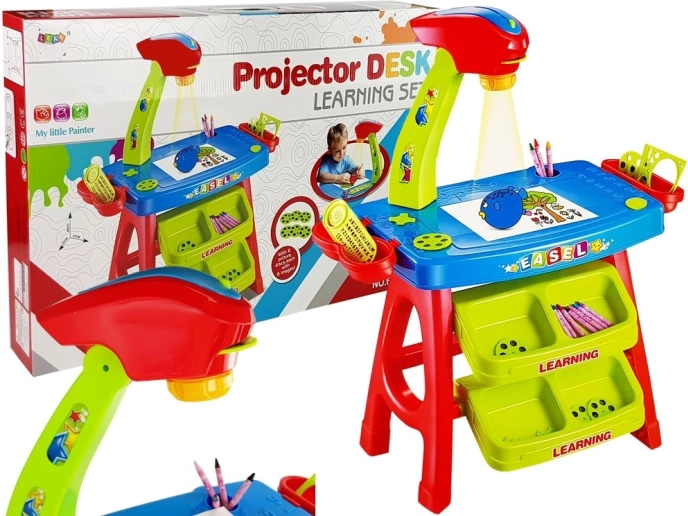 Kinder-Lerntisch mit Projektor, Schubladen und Schablonen – blau‑rot