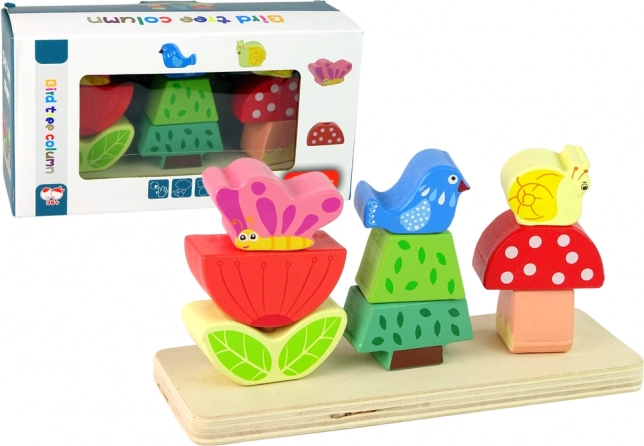 Wooden stacking puzzle: flower, butterfly and bird
