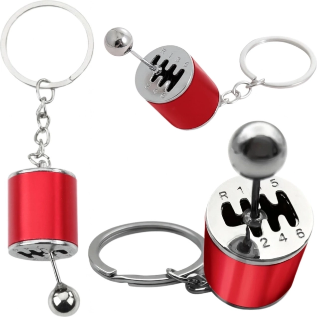 Metal keychain in the shape of a manual gearbox – red