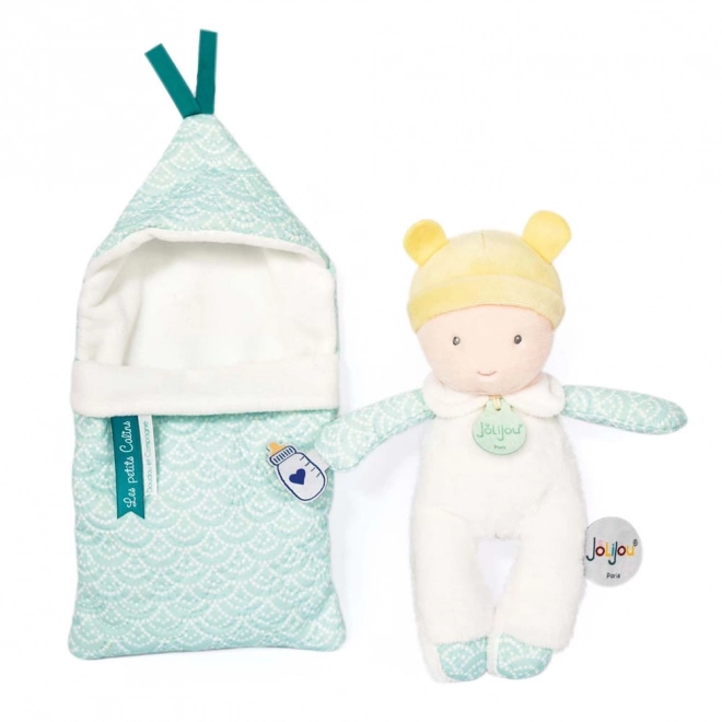 Doudou Jolijou Baby Doll in a Slip-On Blanket 20 cm – Turquoise