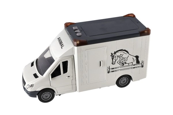Auto transporteur dieren plastic 28cm met paarden op vliegwiel met licht met geluid grijs in doos 39x18cm