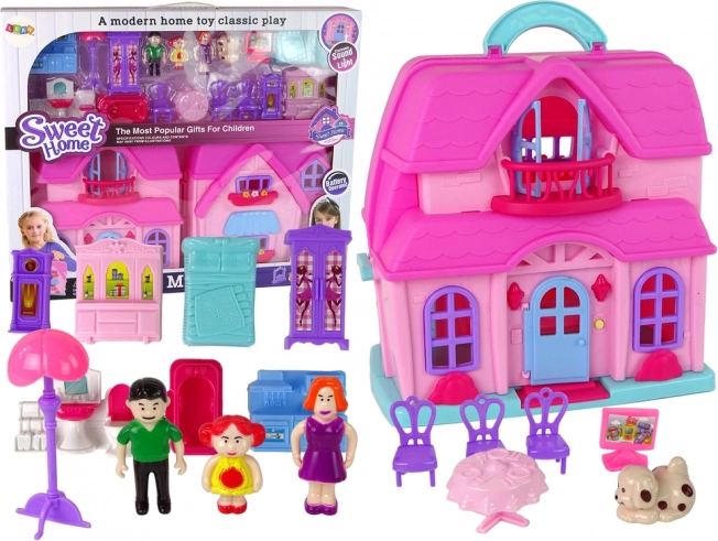 Roze poppenhuis met meubels en figuurtjes