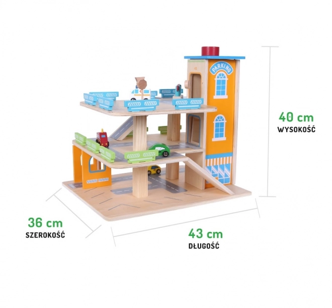 Houten garagebaan met lift + speelgoedauto's Ecotoys