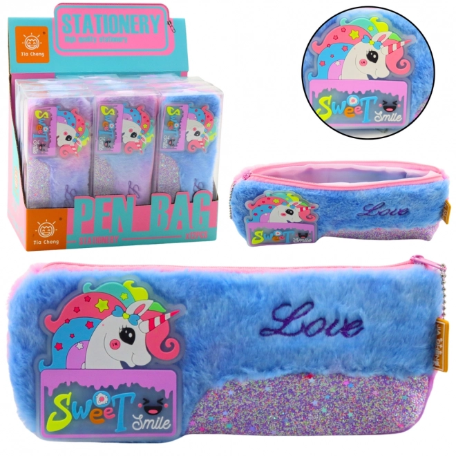 Plüsch-Federmäppchen mit Einhorn, blau mit glitzernden Elementen