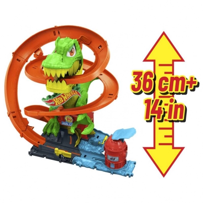 T-rex attacks the fire station from Hot Wheels city