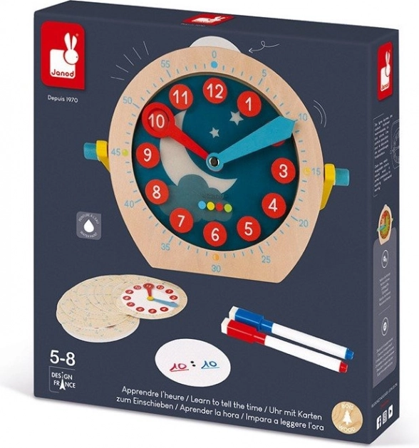 Janod wooden educational clock with wipe-clean cards