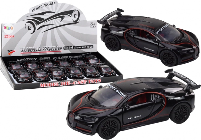 Metallsportwagen 1:32 mit Figur und Spoiler, schwarz, mit Licht und Sound