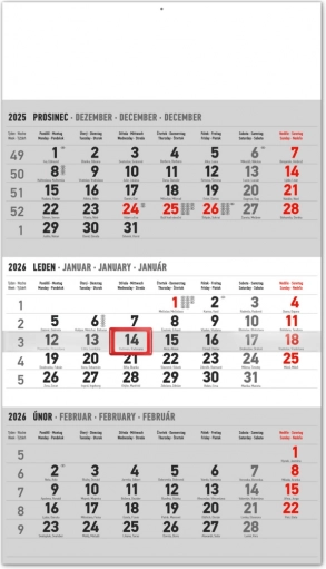 Muurkalender met drie maanden en Tsjechische namen 2026 grijs
