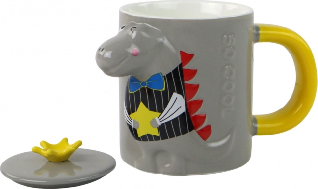 Ceramic Mug with Lid, Dinosaur, 400 ml, Gray
