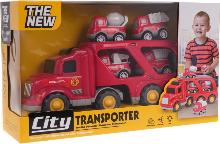 Fire Truck Set with Transporter Truck – Carrier and 4 Cars with Lights and Sounds