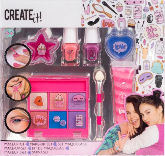 make-up kwastenset roze‑paars (7 stuks) met etui