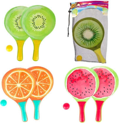 Beach Tennis Set with Fruit Motif, 2 Paddles and Ball in Mesh Bag