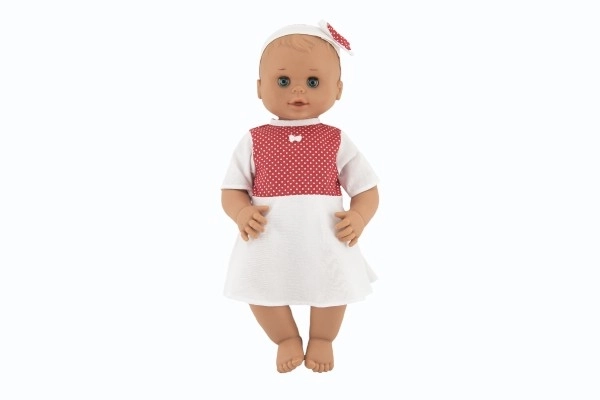 Pop Hamiro knipogend 50 cm met stevig lichaam en witte jurk met rode stippen