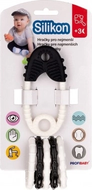 Anneau de dentition avec épingle et pendentifs, noir et blanc, 12 cm