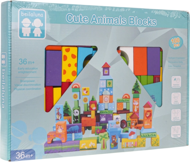 Wooden Animal Blocks Set – 100 pcs
