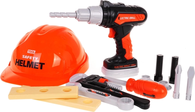 Kinderset mit Werkzeug, Helm und interaktiver Bohrmaschine