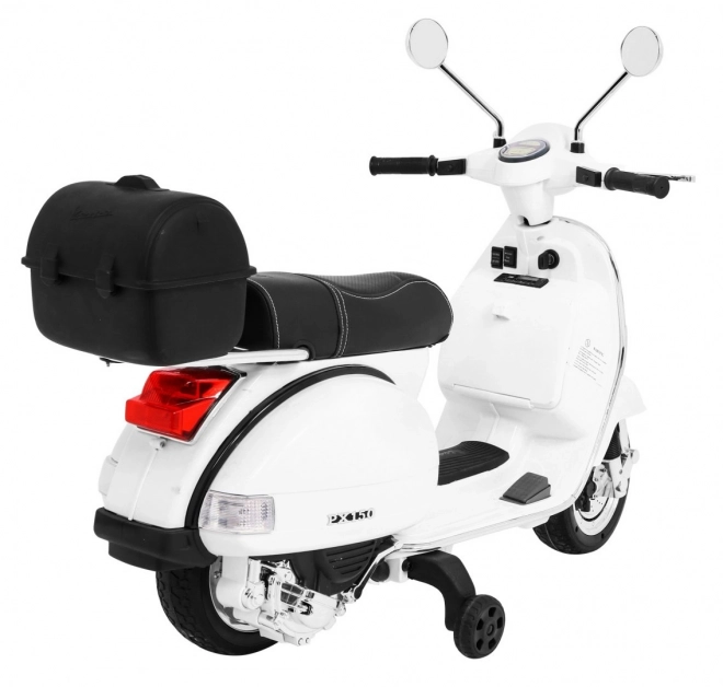 Elektrische kinderscooter Vespa wit met zijwieltjes, audio en eco-leer