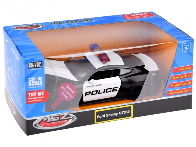 Metalen politieauto Ford Shelby GT350 op schaal 1:32 met zwaailichteffecten