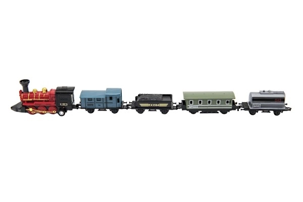 Trein/locomotief en wagens 5st metalen/plastic 8cm op terugtrekmechanisme 4 soorten op kaart