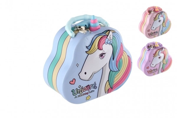 Spaarpot handtasje eenhoorn van blik met slot 15x14cm 3 kleuren in plastic doosje