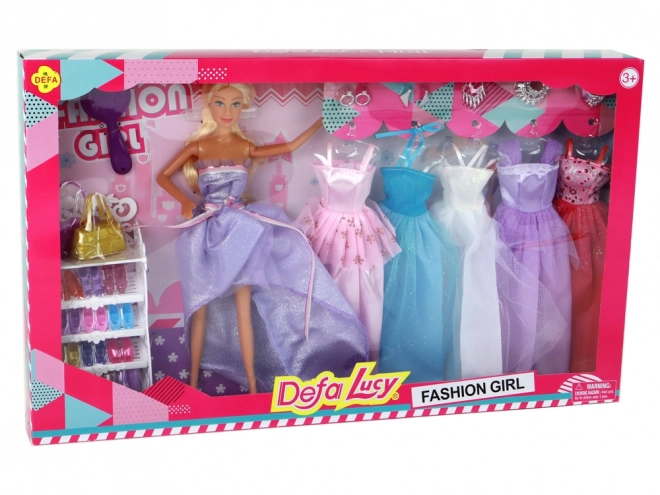 Kinderpop Lange blonde haren Kledingkast Schoenen Jurken Accessoires Paars