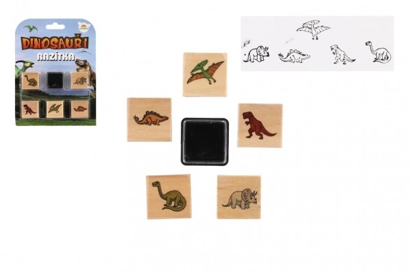 Houten stempels 5+1 met kussen dinosaurussen 3x3cm op kaart