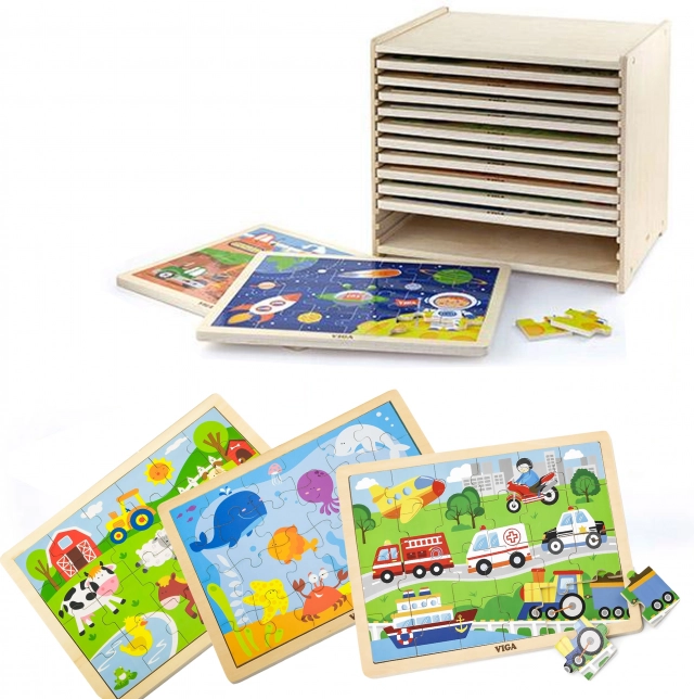 Viga Wooden Puzzles – set of 12 framed puzzles with 24 pieces on a stand