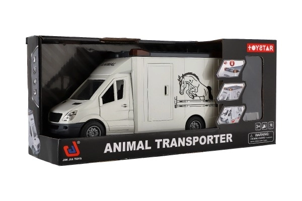Auto transporteur dieren plastic 28cm met paarden op vliegwiel met licht met geluid grijs in doos 39x18cm