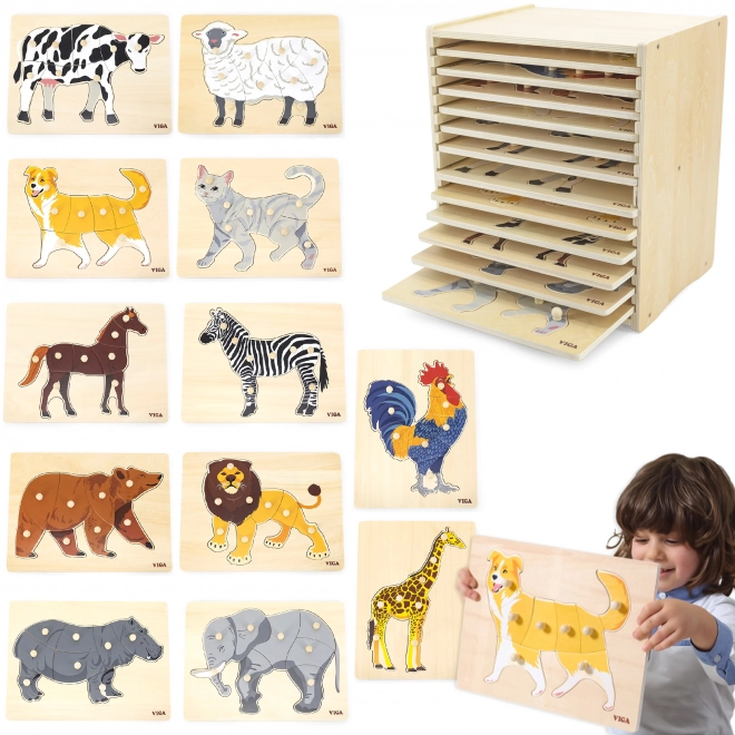 Set houten puzzels 12 dieren Montessori met standaard Viga