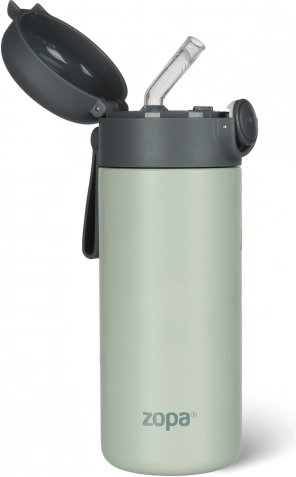 Isolierende Kinder-Thermoflasche mit Trinkhalm und Silikonschlaufe 350 ml – pistazie