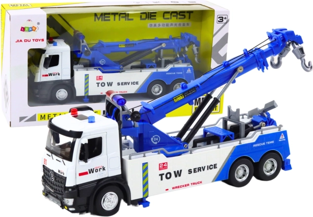Metalen autokraan met twee haken in wit-blauwe kleur met licht en geluid