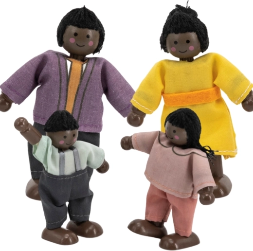 Viga houten poppenfamilie met textielen kleertjes, 4 stuks, donkere huid