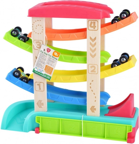 Piste de course en cascade pour petites voitures avec 4 véhicules, bois et plastique, 33 × 32 × 10 cm