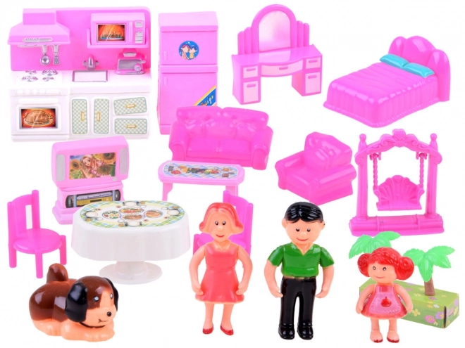 Opvouwbaar familiehuis met meubels en poppen