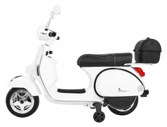 Elektrische kinderscooter Vespa wit met zijwieltjes, audio en eco-leer