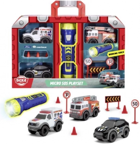 SOS microset met zaklamp – mini brandweer, politie en ambulance