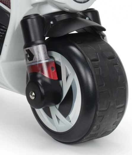 Wide rubberized wheels for quiet, confident riding