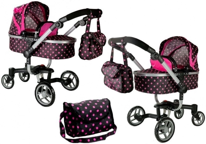 Poppenwagen voor poppen zwart met roze stippen