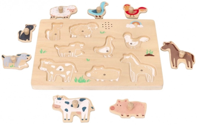 Houten inlegpuzzel met geluiden - dieren van de Boerderij