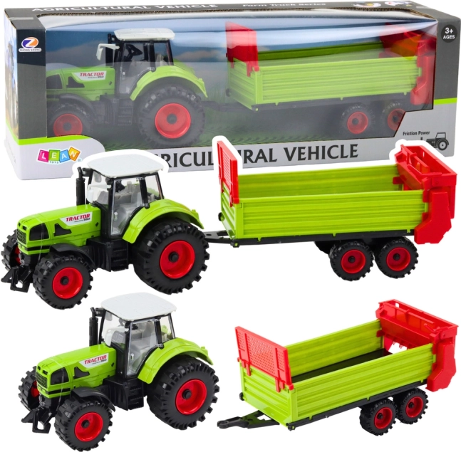 Tractor met aanhanger met vliegwielaandrijving, motorkap en deuren kunnen open, groen