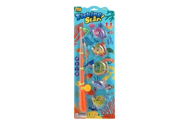 Speelgoed vissen/magneet hengel plastic 5st + hengel plastic 39cm 2 kleuren op kaart