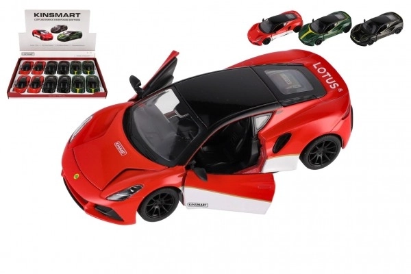Auto Kinsmart Lotus Emira 1:38 metaal/plastic 12,5cm 3 kleuren met pull-back mechanisme 12 stuks in doos