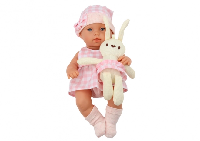 Poppenbaby met Drager Konijntje in Roze Geruite Kleding