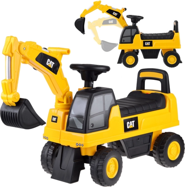 Foot-to-floor ride-on CAT excavator with movable bucket, horn, and storage compartment