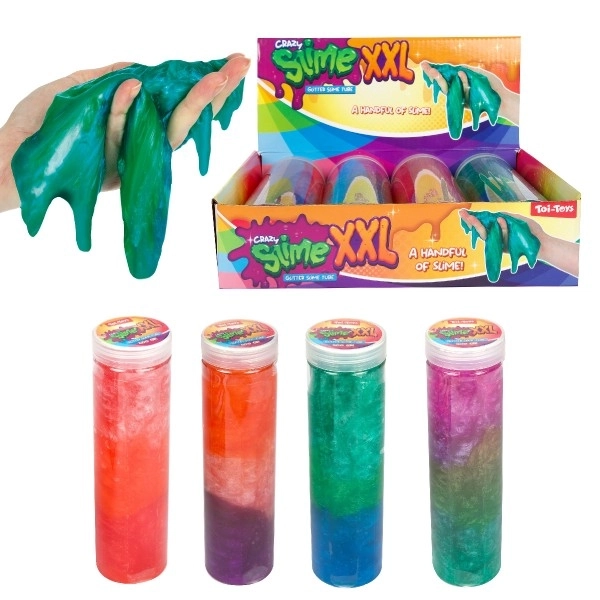 Slijm - glinsterend 400g 20cm in plastic buis 4 kleuren 4 stuks in doos