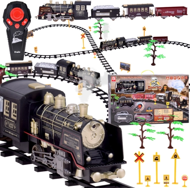 Grand train rétro avec locomotive télécommandée avec lumière et vapeur