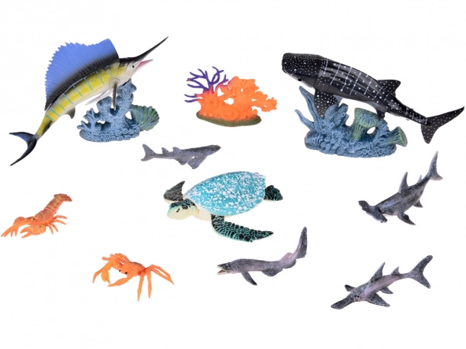 Set van zeediertjes - schildpad, kreeft, zaagvis, krab en meer