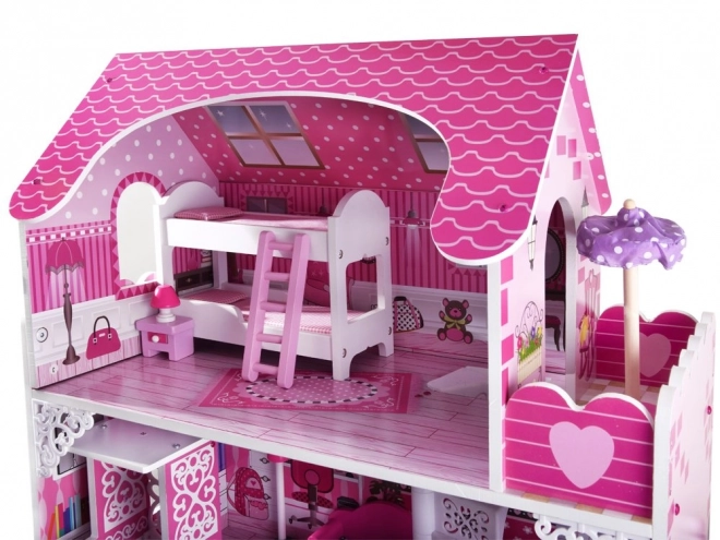 Großes Holzpuppenhaus mit Rutsche, Pool und LED-Beleuchtung