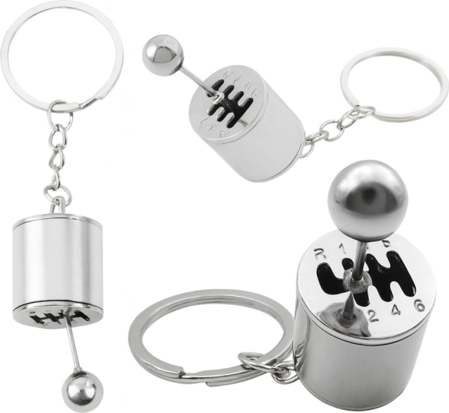 Metal gear shift keychain, silver