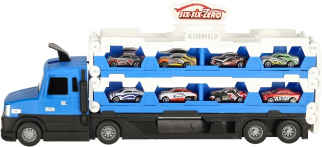 Opvouwbare vrachtwagen – autotransporter met racebaan, 10 autootjes, blauw